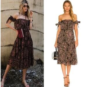 Misa Los Angeles Black Multi Floral Off-the-Shoulder Ruffle Midi Micaela Dress